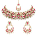 Etnico Gold Plated Traditional Floral Kundan & Pearl Choker Necklace Jewellery Earrings & Maang tikka Set For Women (Dark Pink)
