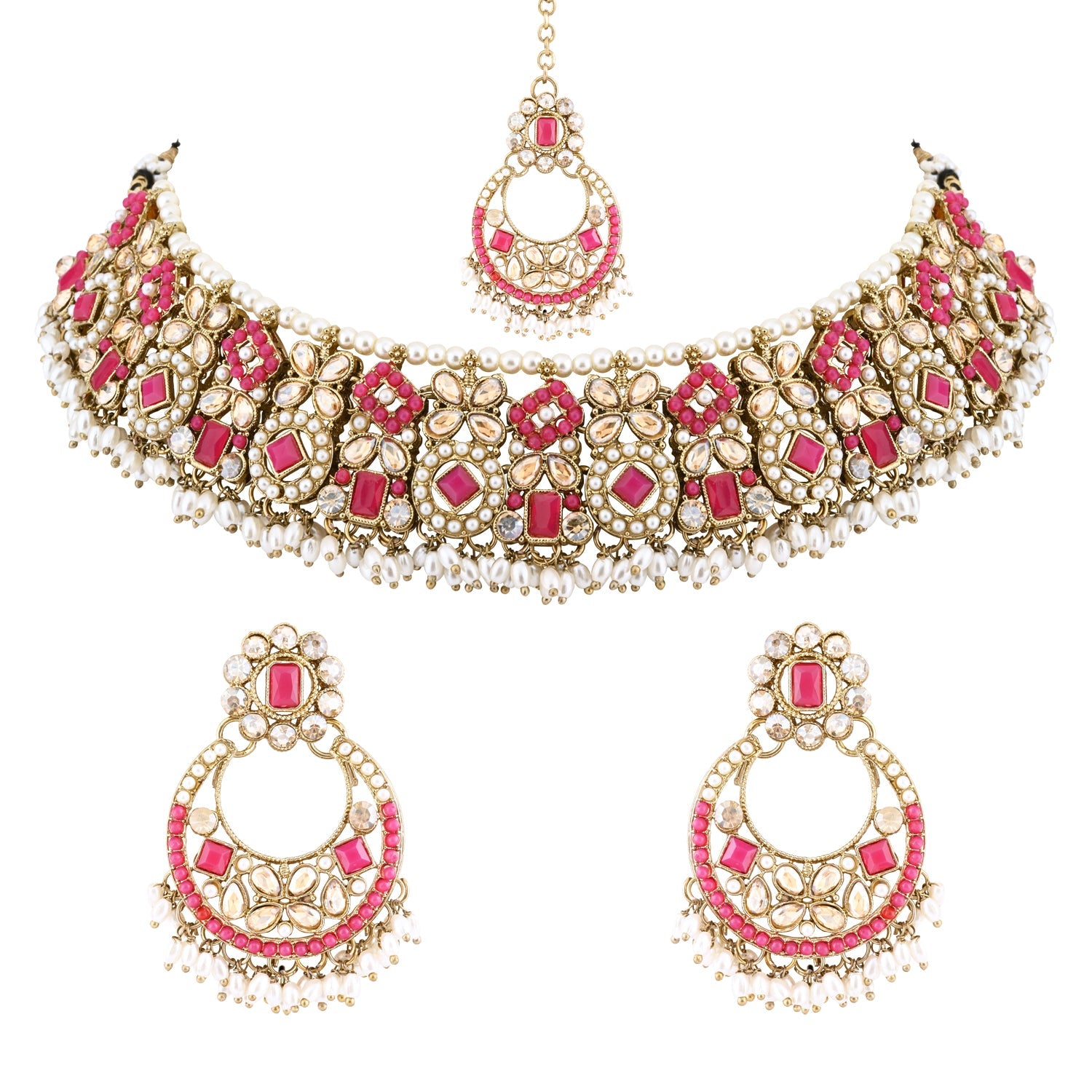 Etnico Gold Plated Traditional Floral Kundan & Pearl Choker Necklace Jewellery Earrings & Maang tikka Set For Women (Dark Pink)