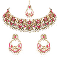 Etnico Gold Plated Traditional Floral Kundan & Pearl Choker Necklace Jewellery Earrings & Maang tikka Set For Women (Dark Pink)