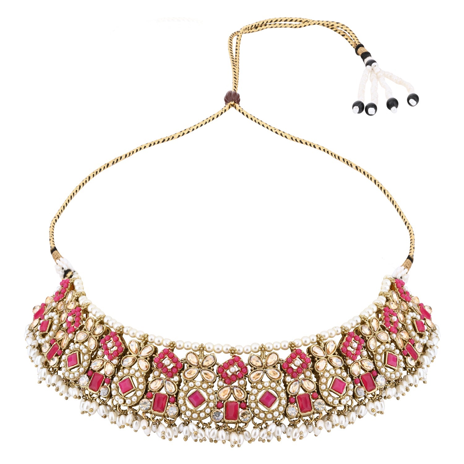 Etnico Gold Plated Traditional Floral Kundan & Pearl Choker Necklace Jewellery Earrings & Maang tikka Set For Women (Dark Pink)