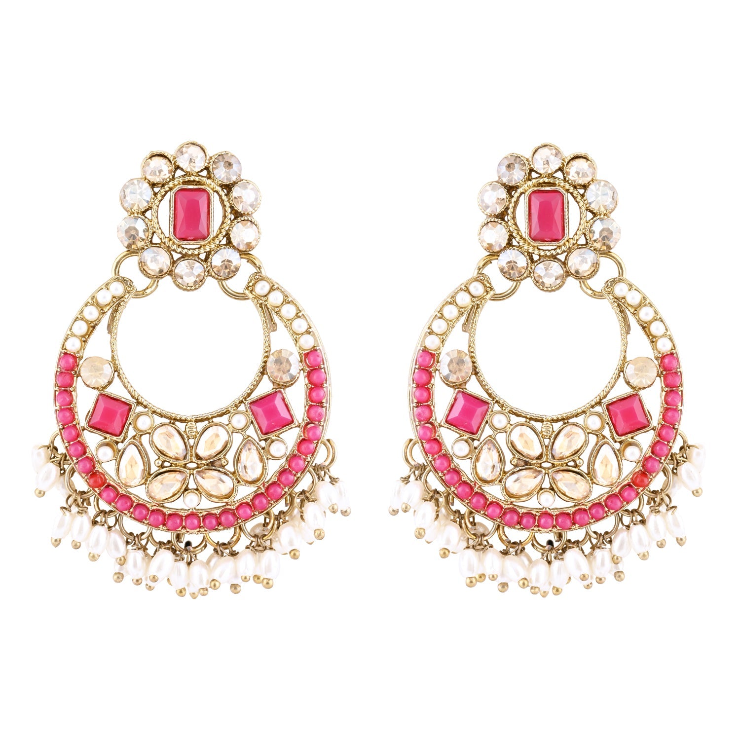 Etnico Gold Plated Traditional Floral Kundan & Pearl Choker Necklace Jewellery Earrings & Maang tikka Set For Women (Dark Pink)