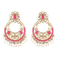 Etnico Gold Plated Traditional Floral Kundan & Pearl Choker Necklace Jewellery Earrings & Maang tikka Set For Women (Dark Pink)
