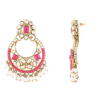 Etnico Gold Plated Traditional Floral Kundan & Pearl Choker Necklace Jewellery Earrings & Maang tikka Set For Women (Dark Pink)
