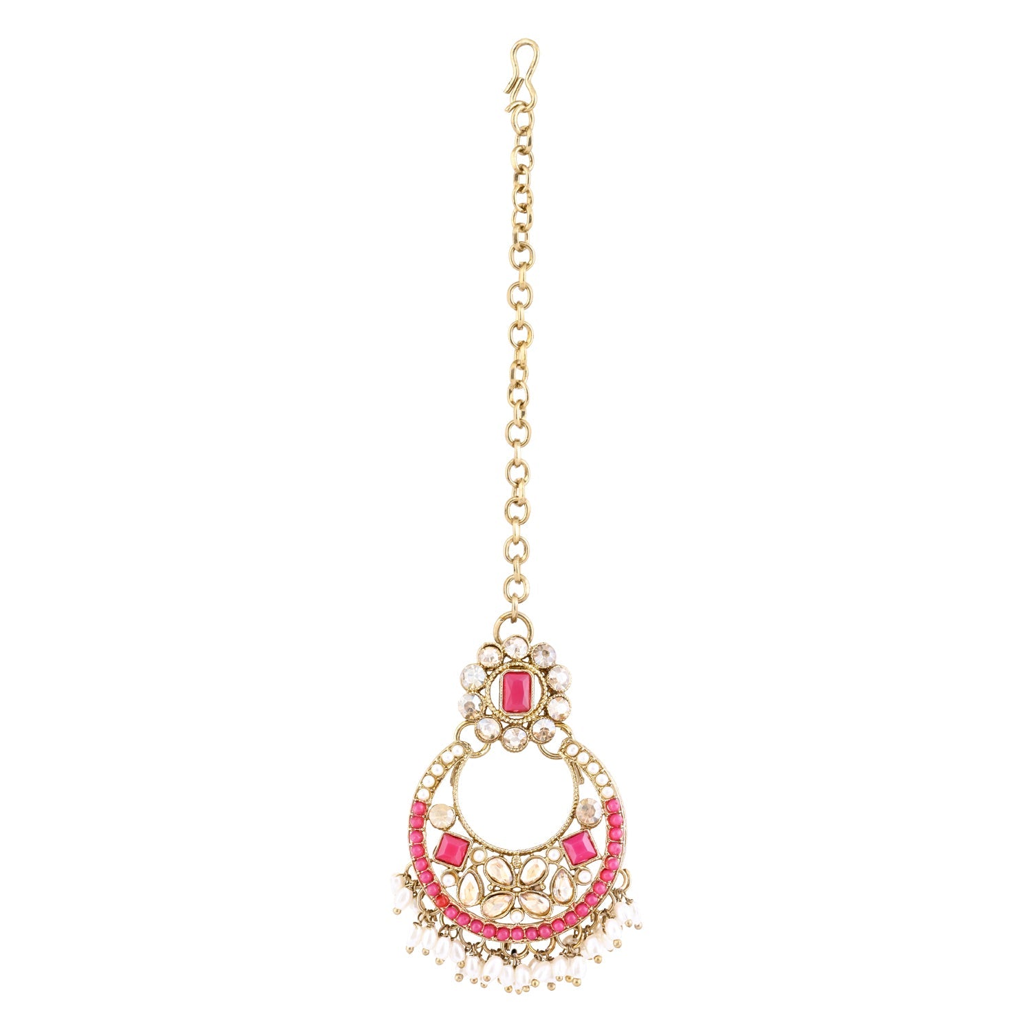 Etnico Gold Plated Traditional Floral Kundan & Pearl Choker Necklace Jewellery Earrings & Maang tikka Set For Women (Dark Pink)