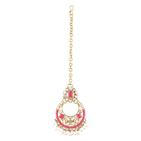 Etnico Gold Plated Traditional Floral Kundan & Pearl Choker Necklace Jewellery Earrings & Maang tikka Set For Women (Dark Pink)