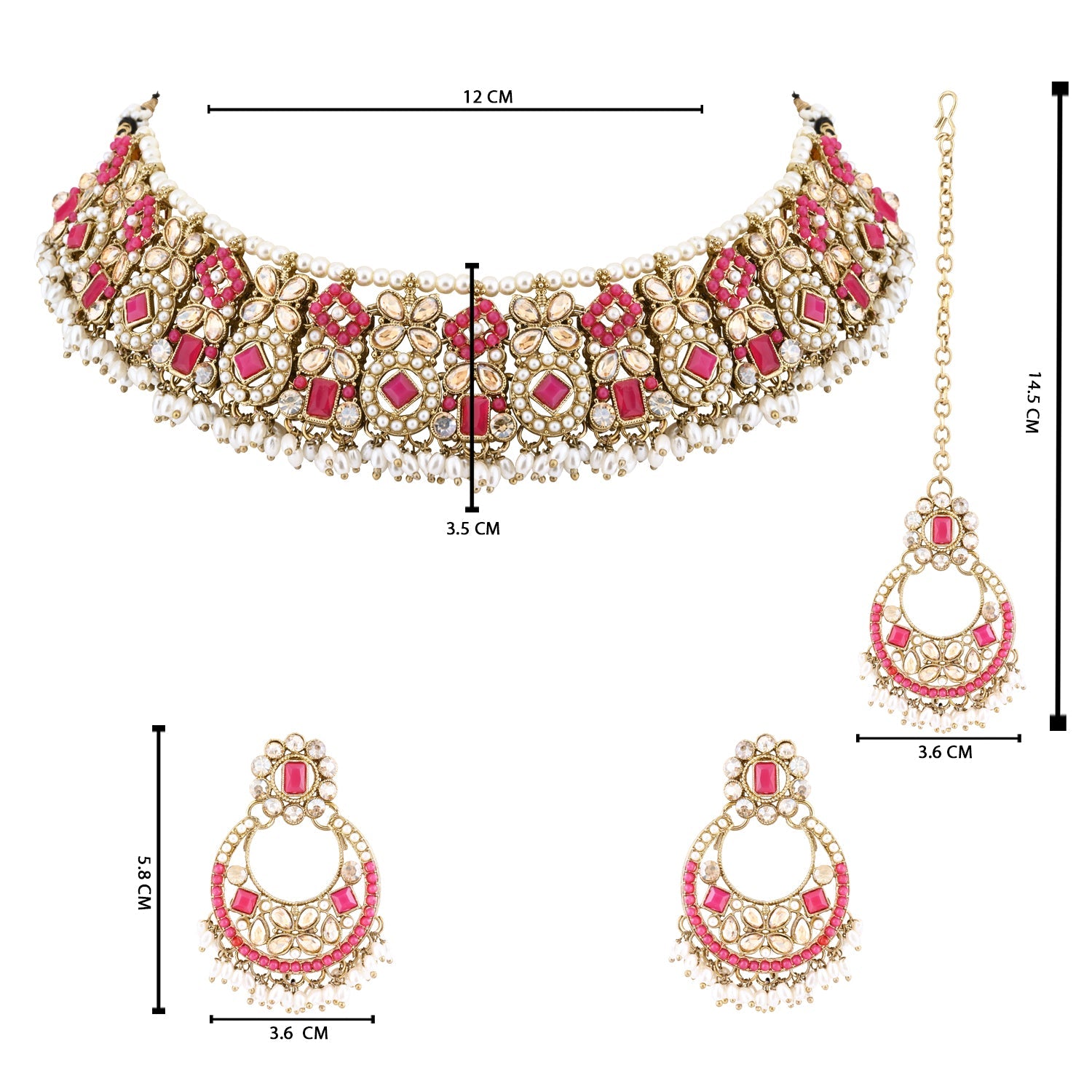 Etnico Gold Plated Traditional Floral Kundan & Pearl Choker Necklace Jewellery Earrings & Maang tikka Set For Women (Dark Pink)