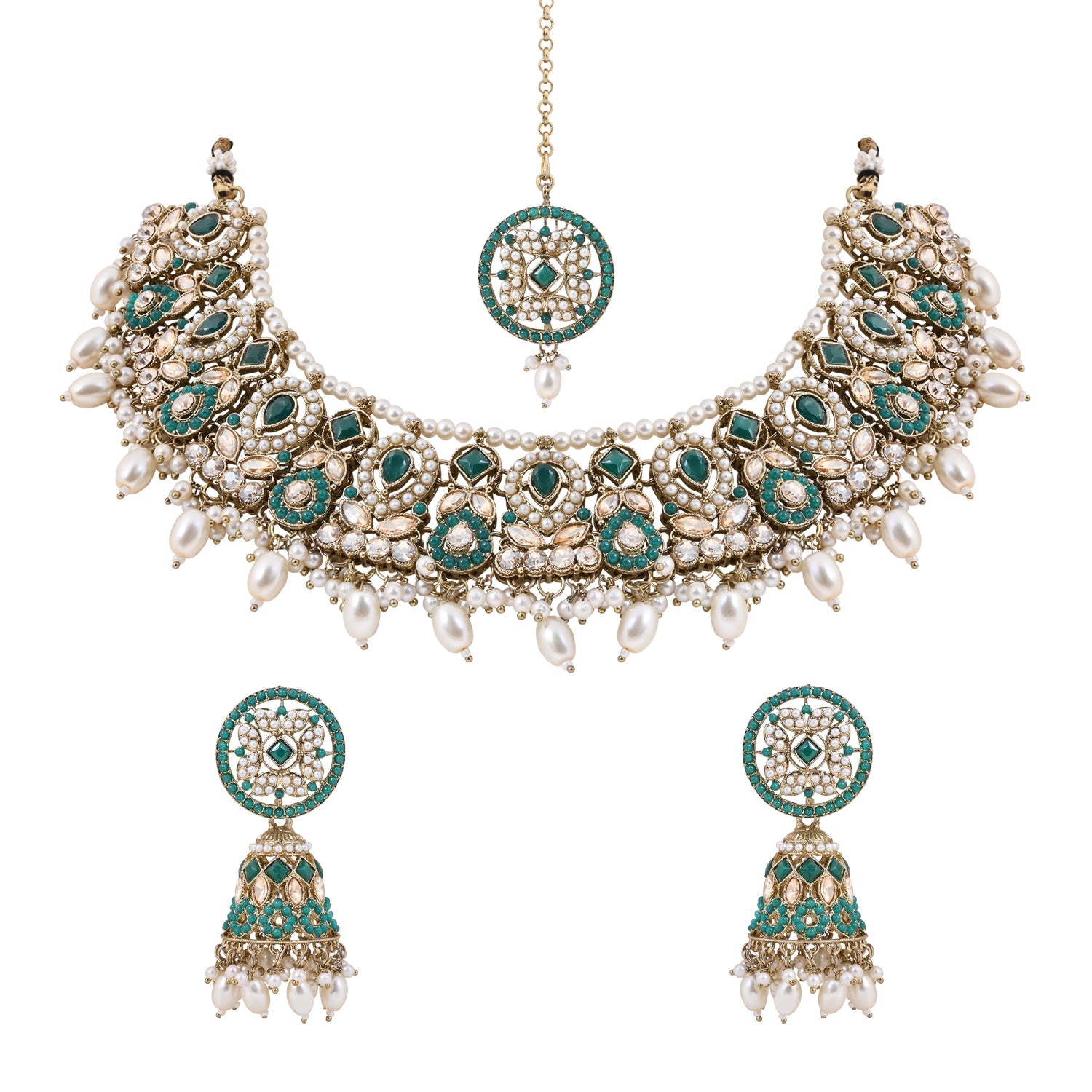 Etnico Gold Plated Traditional Kundan & Pearl Choker Necklace Jewellery Earrings & Maang tikka Set For Women (K7305G)
