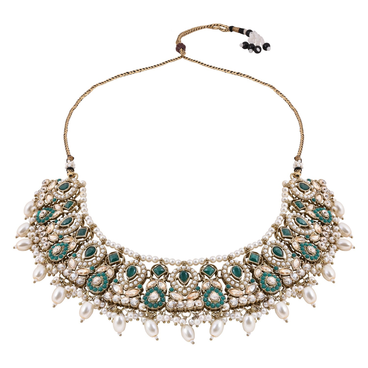 Etnico Gold Plated Traditional Kundan & Pearl Choker Necklace Jewellery Earrings & Maang tikka Set For Women (K7305G)