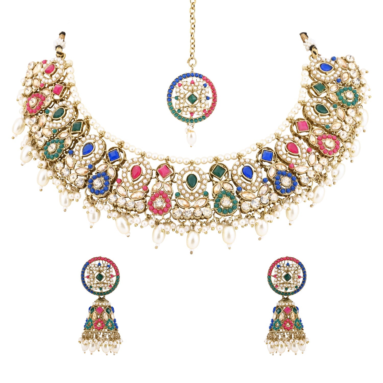 Etnico Gold Plated Traditional Kundan & Pearl Choker Necklace Jewellery Earrings & Maang tikka Set For Women (Muli-color)