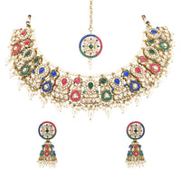Etnico Gold Plated Traditional Kundan & Pearl Choker Necklace Jewellery Earrings & Maang tikka Set For Women (Muli-color)