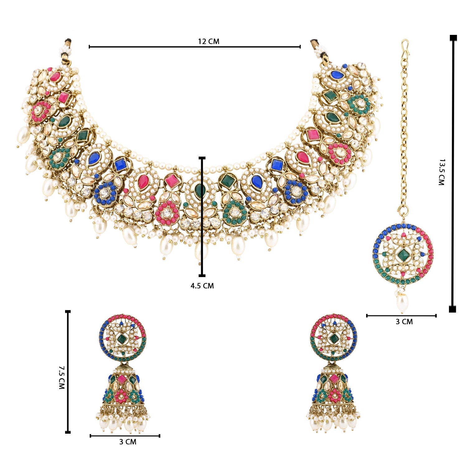 Etnico Gold Plated Traditional Kundan & Pearl Choker Necklace Jewellery Earrings & Maang tikka Set For Women (Muli-color)