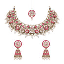 Etnico Gold Plated Traditional Kundan & Pearl Choker Necklace Jewellery Earrings & Maang tikka Set For Women (Dark Pink)