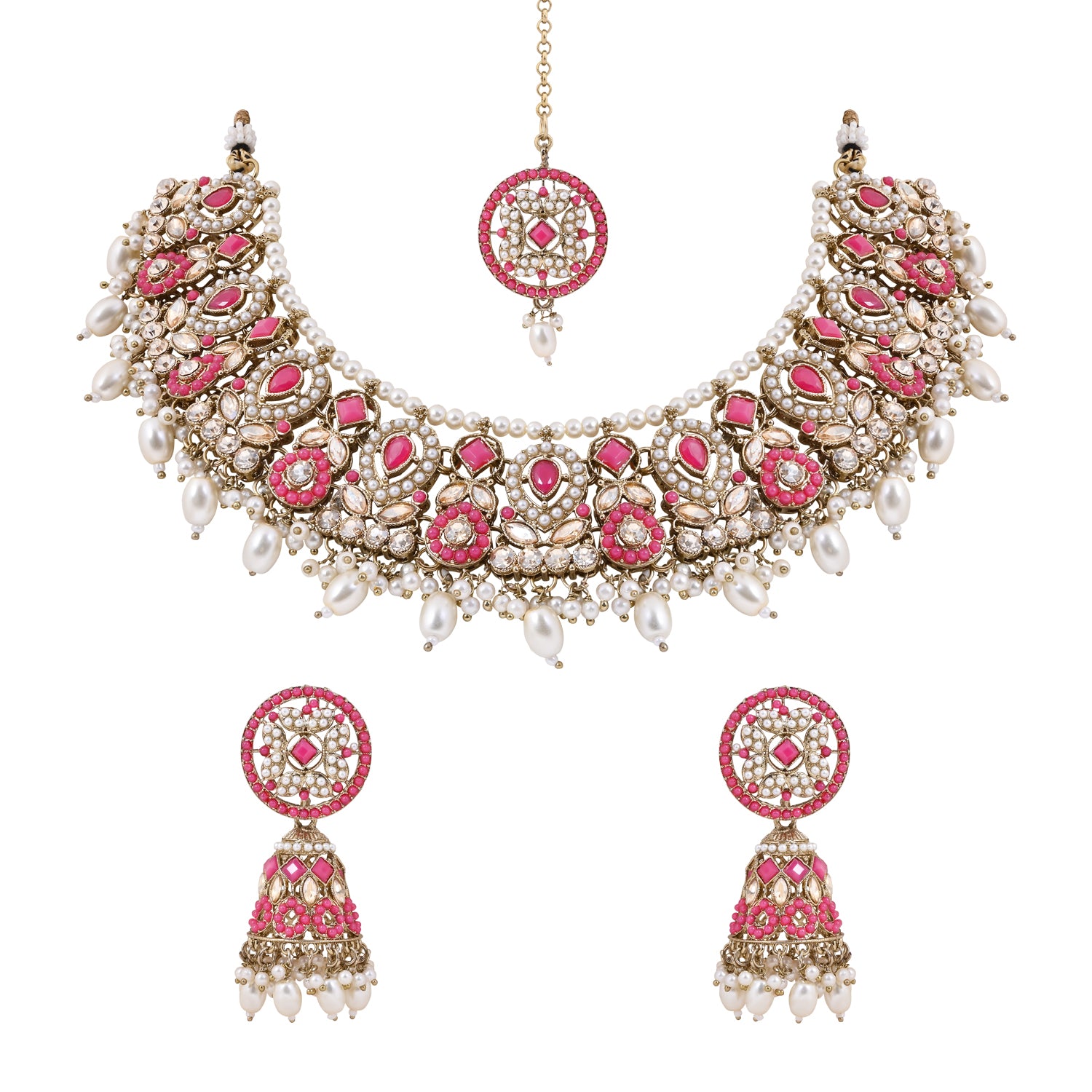 Etnico Gold Plated Traditional Kundan & Pearl Choker Necklace Jewellery Earrings & Maang tikka Set For Women (Dark Pink)