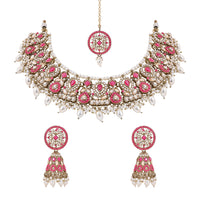 Etnico Gold Plated Traditional Kundan & Pearl Choker Necklace Jewellery Earrings & Maang tikka Set For Women (Dark Pink)