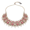 Etnico Gold Plated Traditional Kundan & Pearl Choker Necklace Jewellery Earrings & Maang tikka Set For Women (Dark Pink)