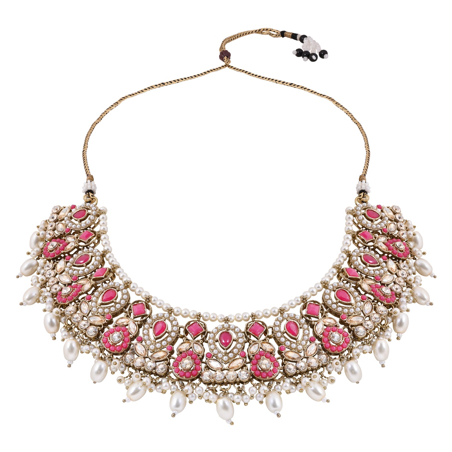 Etnico Gold Plated Traditional Kundan & Pearl Choker Necklace Jewellery Earrings & Maang tikka Set For Women (Dark Pink)