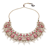 Etnico Gold Plated Traditional Kundan & Pearl Choker Necklace Jewellery Earrings & Maang tikka Set For Women (Dark Pink)