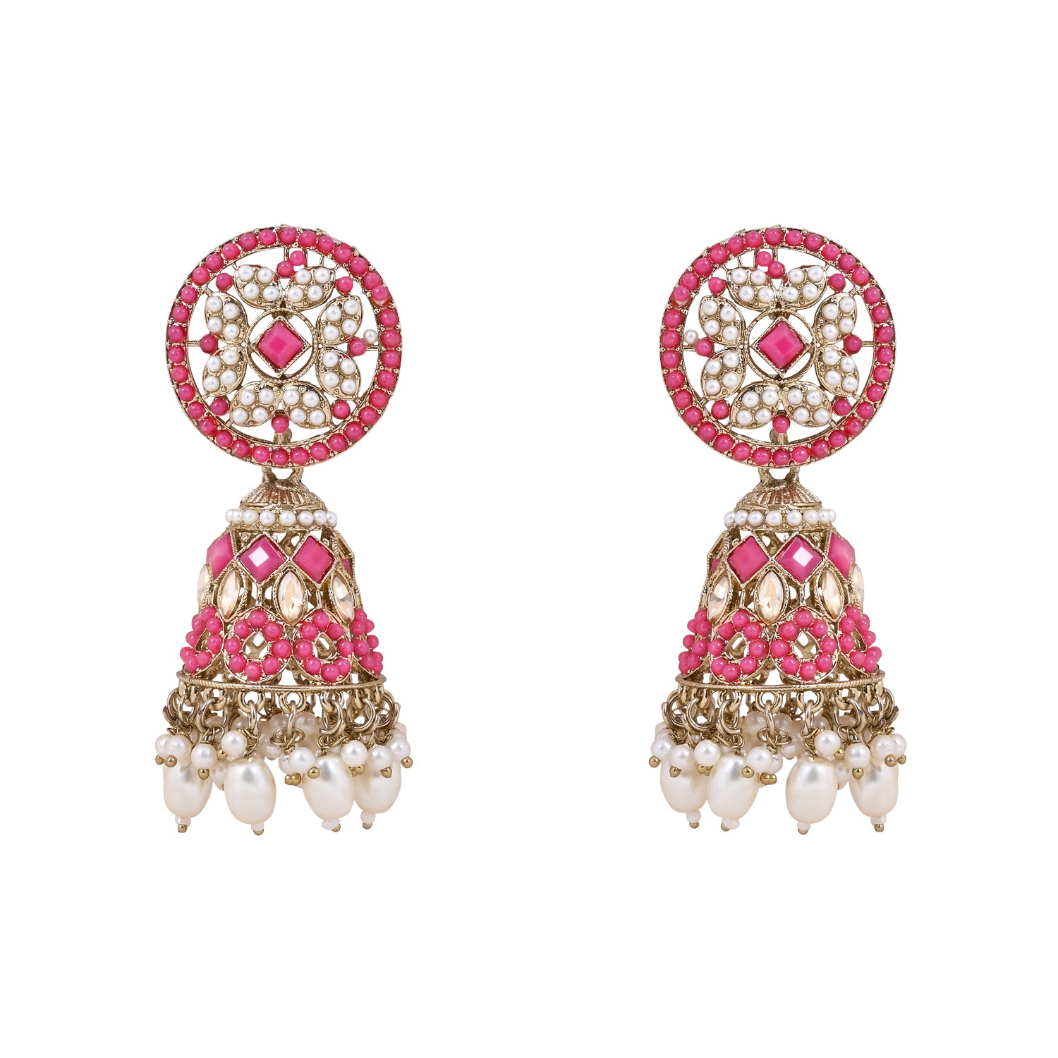 Etnico Gold Plated Traditional Kundan & Pearl Choker Necklace Jewellery Earrings & Maang tikka Set For Women (Dark Pink)