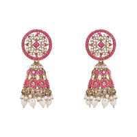 Etnico Gold Plated Traditional Kundan & Pearl Choker Necklace Jewellery Earrings & Maang tikka Set For Women (Dark Pink)
