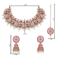 Etnico Gold Plated Traditional Kundan & Pearl Choker Necklace Jewellery Earrings & Maang tikka Set For Women (Dark Pink)