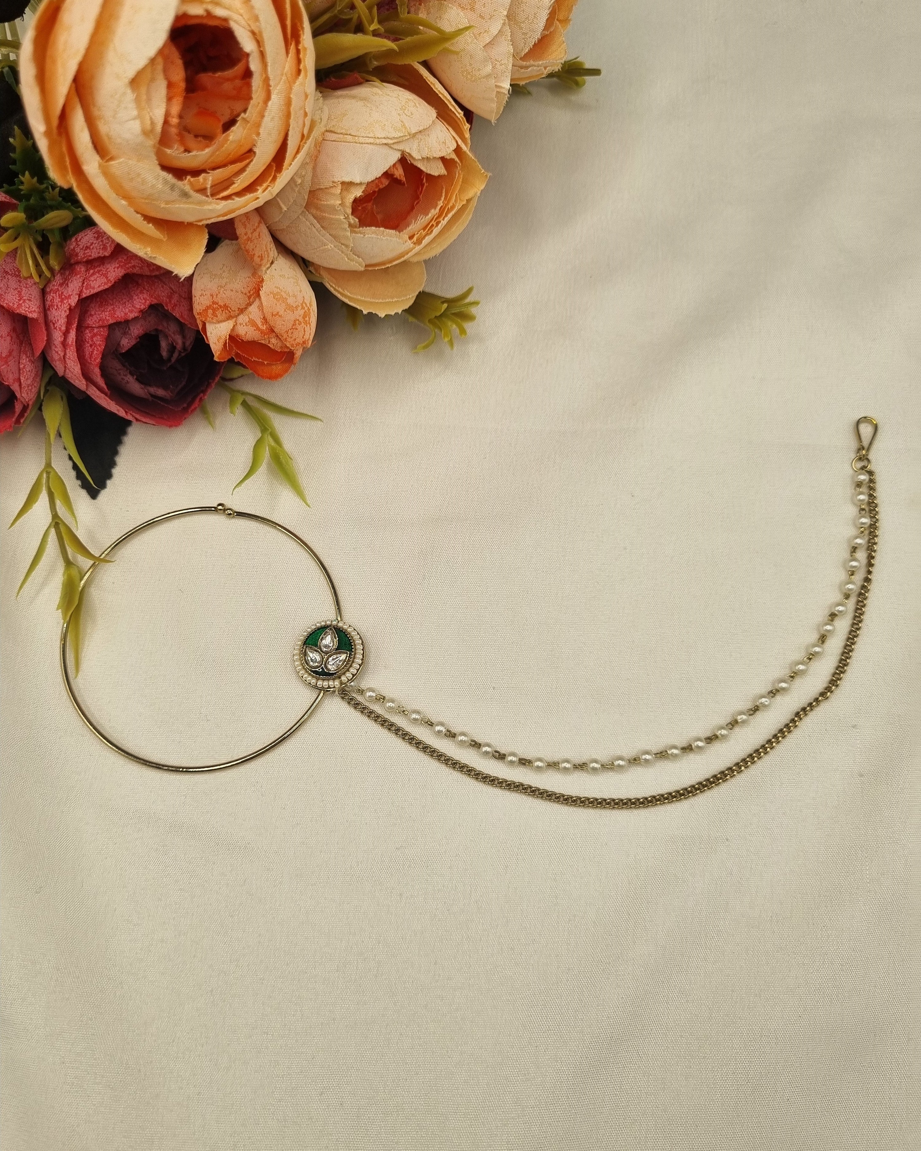 LAFZ  Classic Floral Motif Bridal Nath with Pearl & Layered Chain - KDNT5