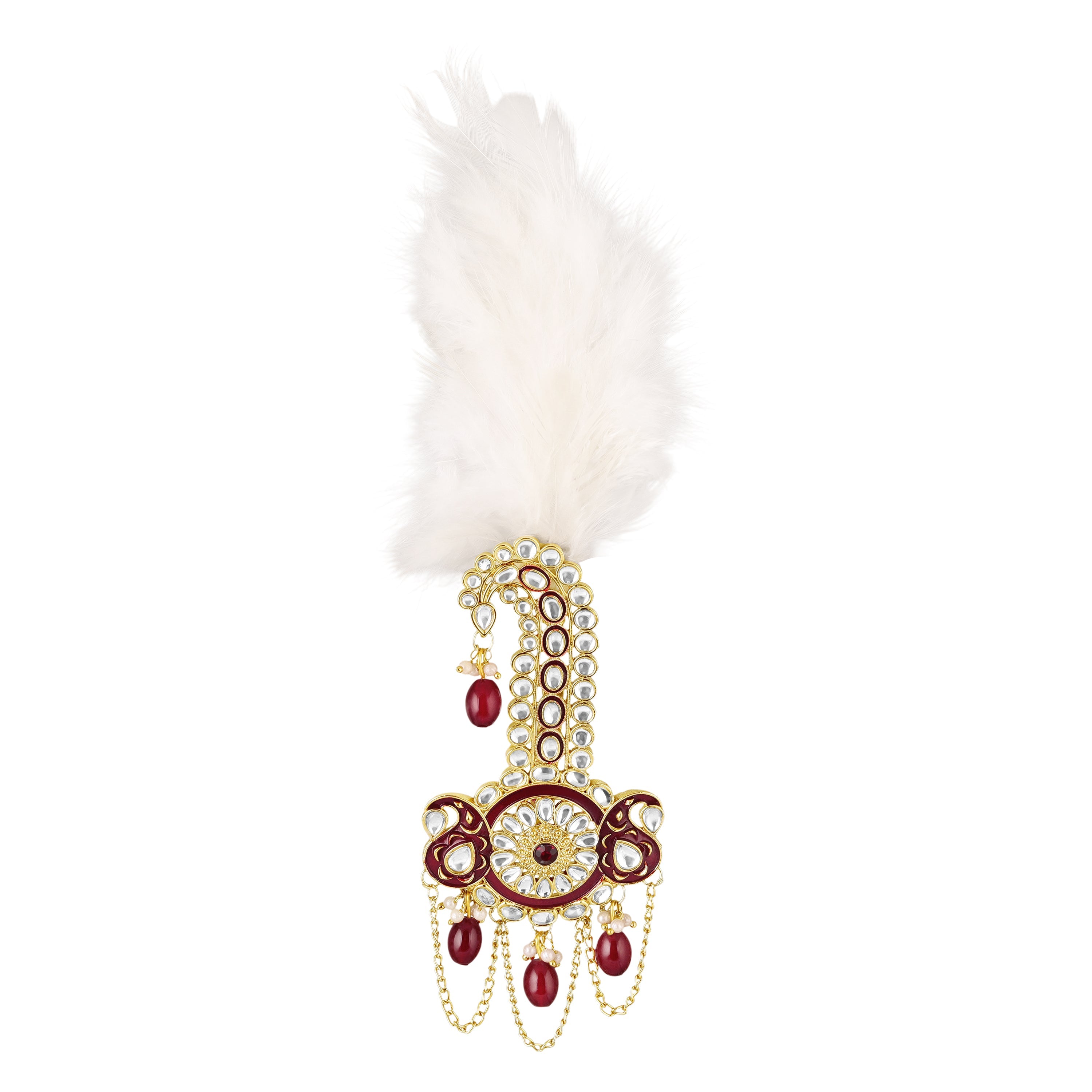 Mahi Royal Safa Kalangi for Groom with Feather and Red Beads | Traditional Dulha Sarpech Brooch | Wedding Sherwani Turban Pin for Men (KL1001021G)