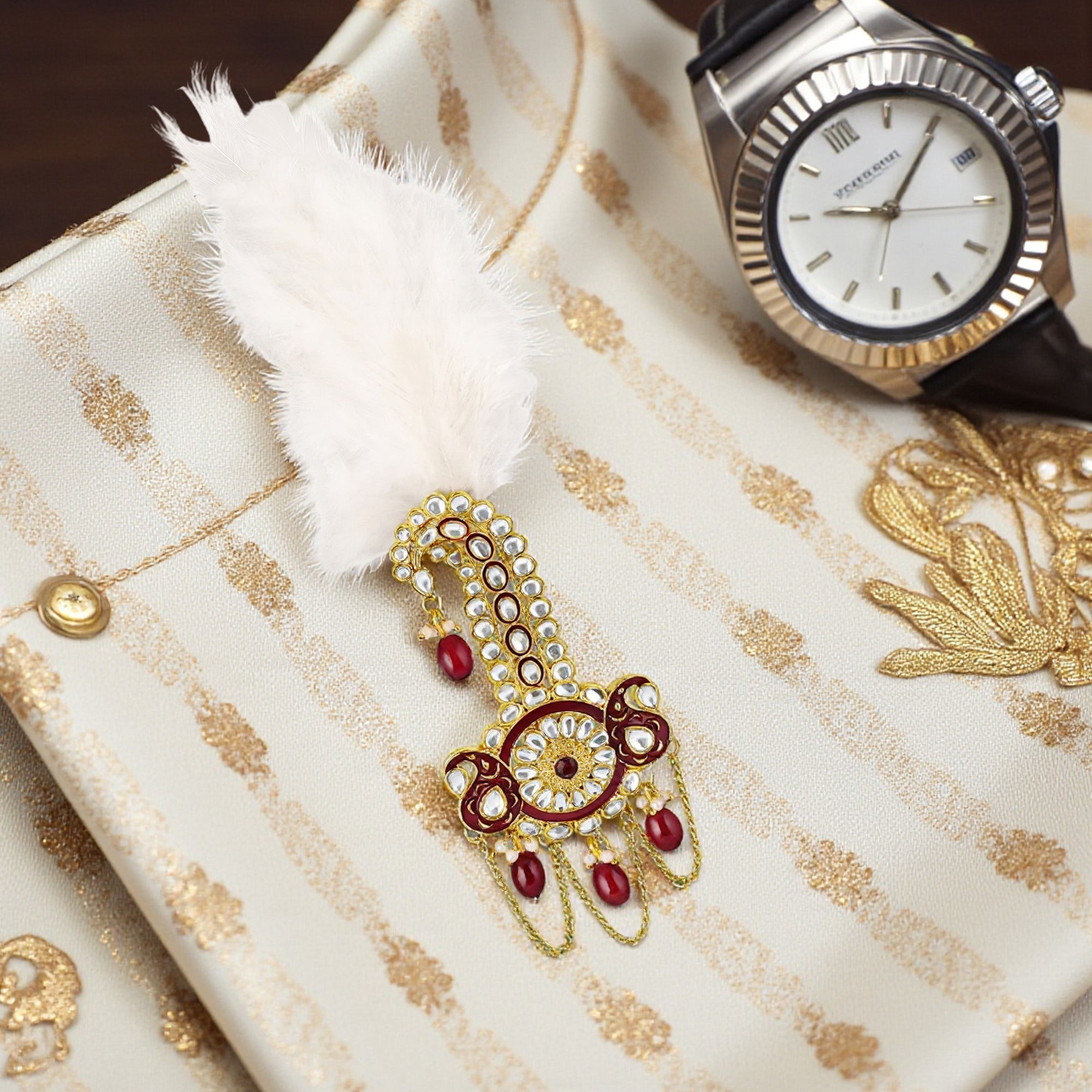 Mahi Royal Safa Kalangi for Groom with Feather and Red Beads | Traditional Dulha Sarpech Brooch | Wedding Sherwani Turban Pin for Men (KL1001021G)