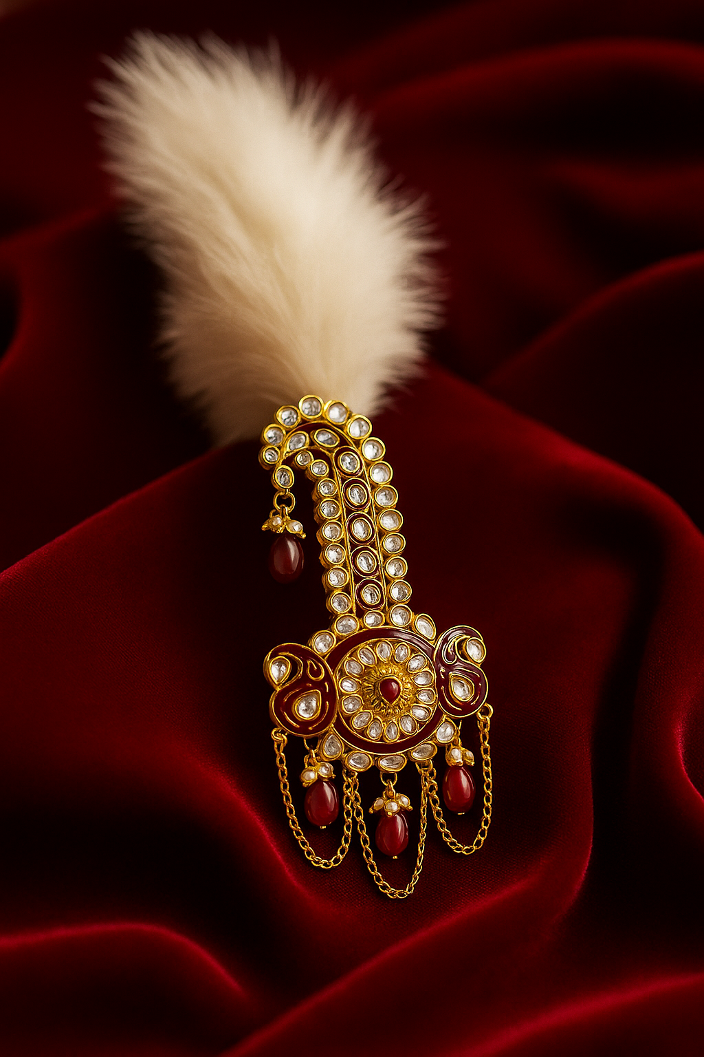 Mahi Royal Safa Kalangi for Groom with Feather and Red Beads | Traditional Dulha Sarpech Brooch | Wedding Sherwani Turban Pin for Men (KL1001021G)