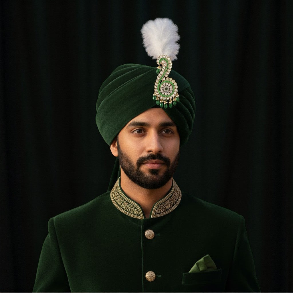 Mahi Royal Green & White Crystals Safa Kalangi for Groom | Traditional Feather Sarpech Brooch for Wedding, Dulha Pagdi Accessory (KL1001022G)