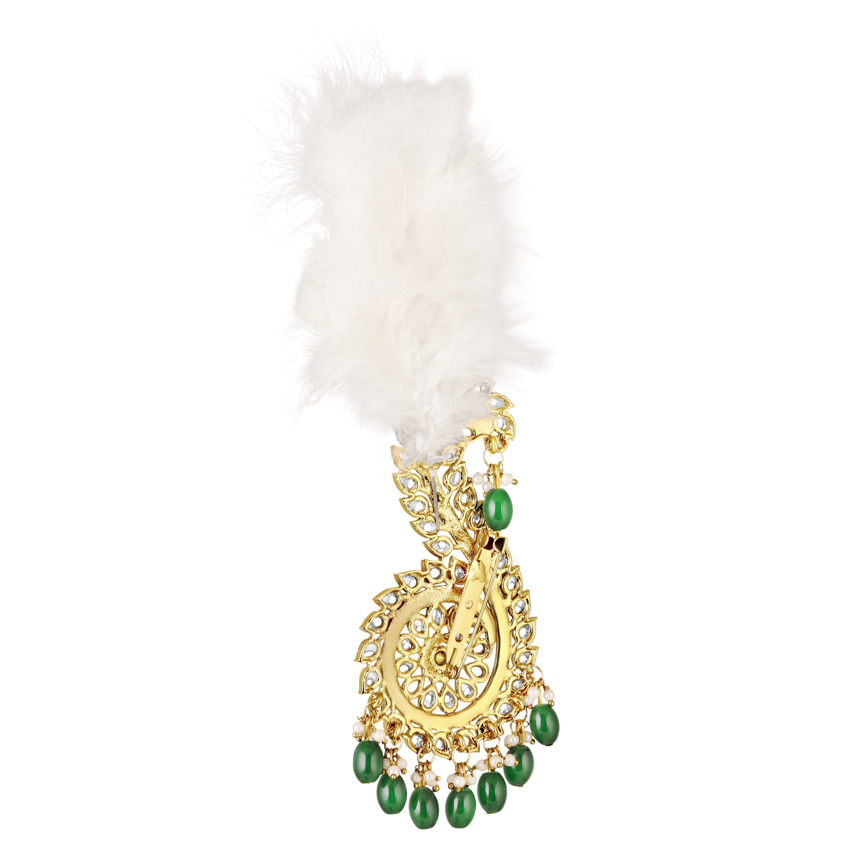 Mahi Royal Green & White Crystals Safa Kalangi for Groom | Traditional Feather Sarpech Brooch for Wedding, Dulha Pagdi Accessory (KL1001022G)