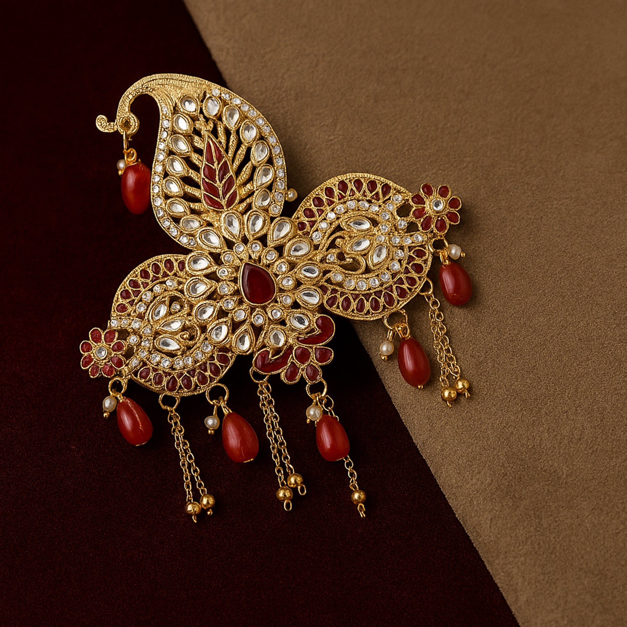 Mahi Royal Red Crystals Safa Kalangi for Groom | Traditional Wedding Pagdi Brooch with Gold Plating and Beads (KL1001023G)