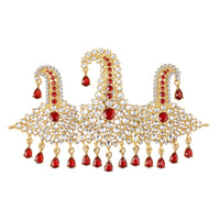 Mahi Royal Red crystals Pearl Safa Kalangi for Groom | Gold Plated Wedding Turban Brooch with Red Stones and Beads (KL1001025G)
