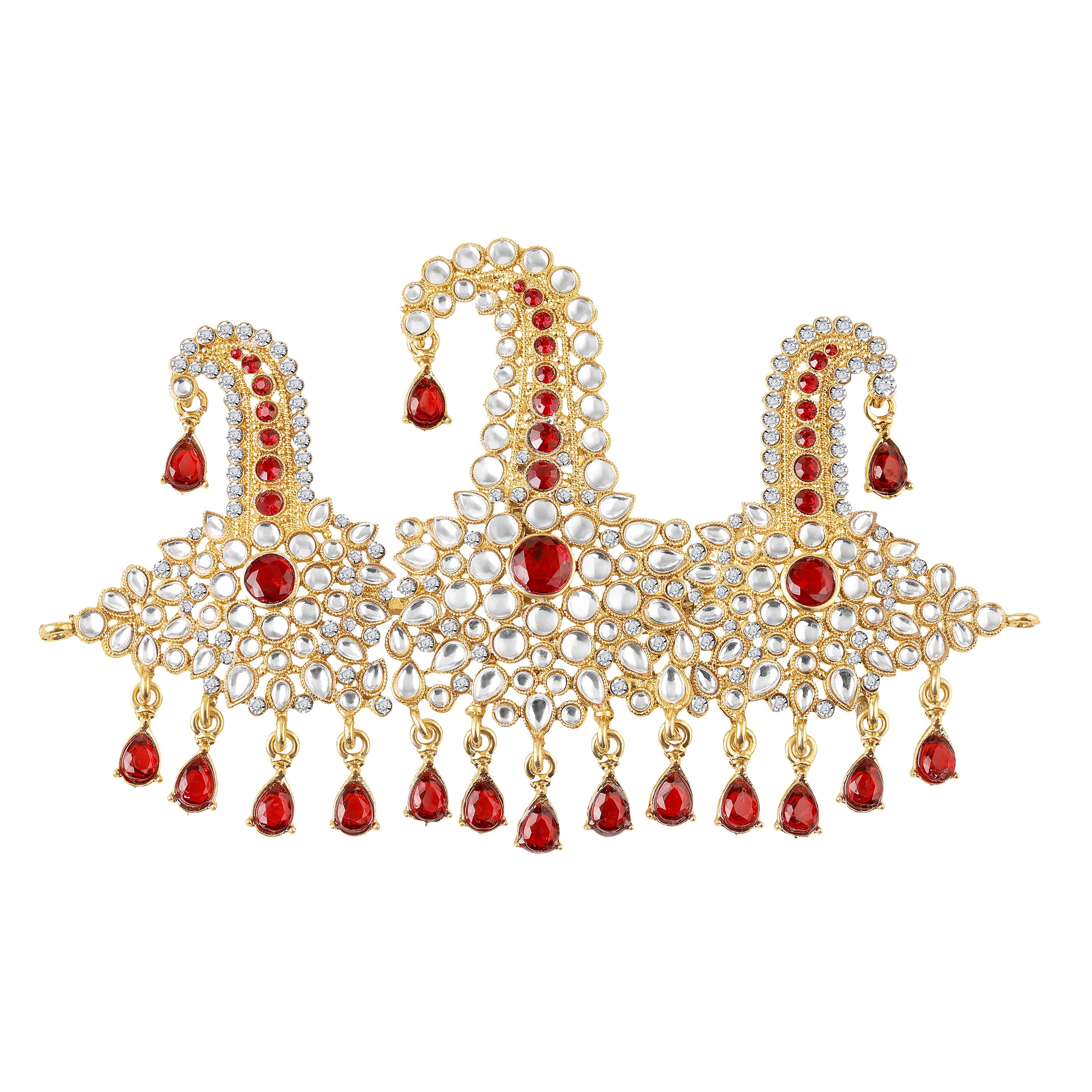 Mahi Royal Red crystals Pearl Safa Kalangi for Groom | Gold Plated Wedding Turban Brooch with Red Stones and Beads (KL1001025G)