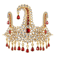 Mahi Royal Red crystals Pearl Safa Kalangi for Groom | Gold Plated Wedding Turban Brooch with Red Stones and Beads (KL1001025G)