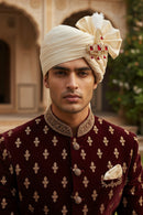 Mahi Premium Groom Kalangi for Wedding | Gold-Plated with Red White Crystals & Feather | Men’s Safa Pagdi Brooch | Rajputi Maharaja Style Turban Pin (KL1001026GRed)