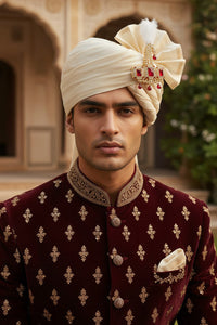 Mahi Premium Groom Kalangi for Wedding | Gold-Plated with Red White Crystals & Feather | Men’s Safa Pagdi Brooch | Rajputi Maharaja Style Turban Pin (KL1001026GRed)