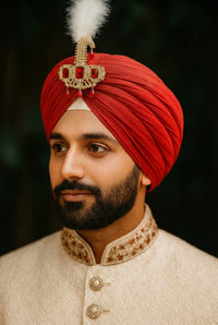 Mahi Premium Groom Kalangi for Wedding | Gold-Plated with Red White Crystals & Feather | Men’s Safa Pagdi Brooch | Rajputi Maharaja Style Turban Pin (KL1001026GRed)