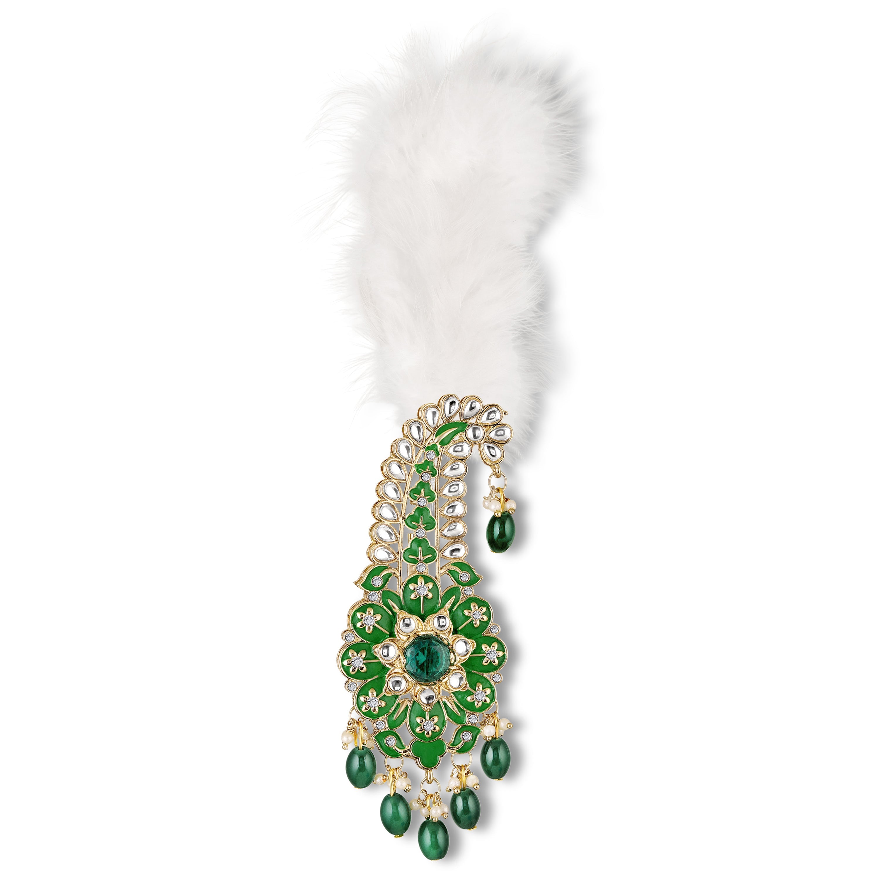 Mahi Royal Green Meenakari Enamelled Kalangi with White Feather (Pagdi/Safa Brooch) for Groom (KL1001027GGre)