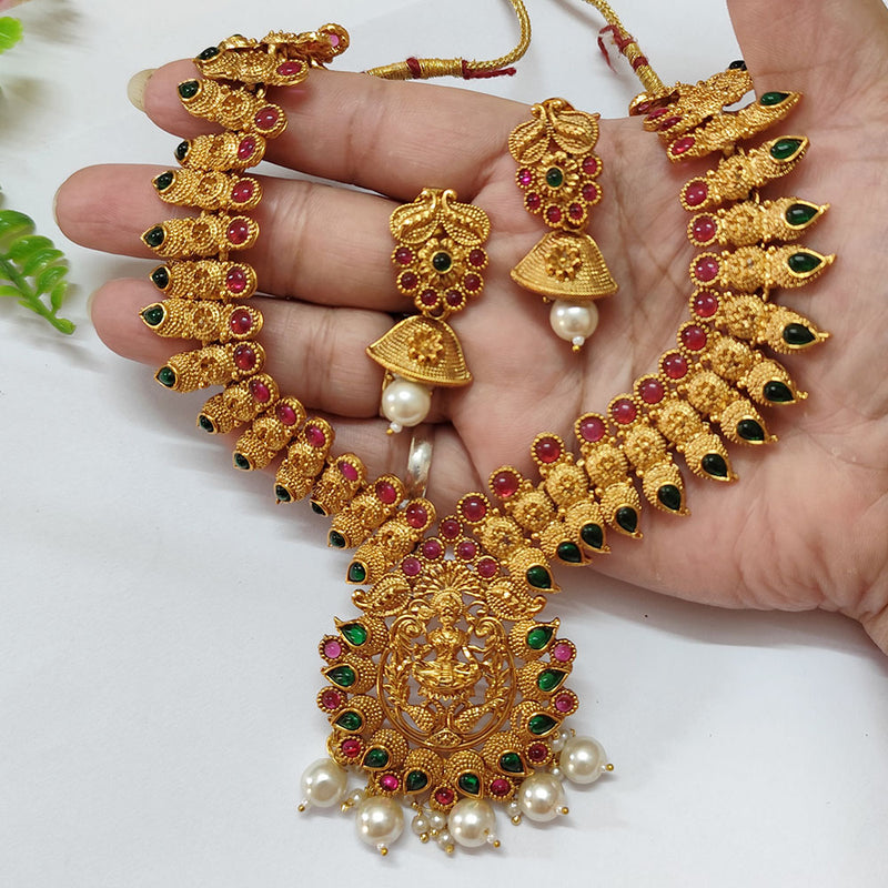 Lalso Designer Premium Gold Plated Kempu Green LaxmiDevi Temple Style Necklace Jewelry Set for Wedding Festival