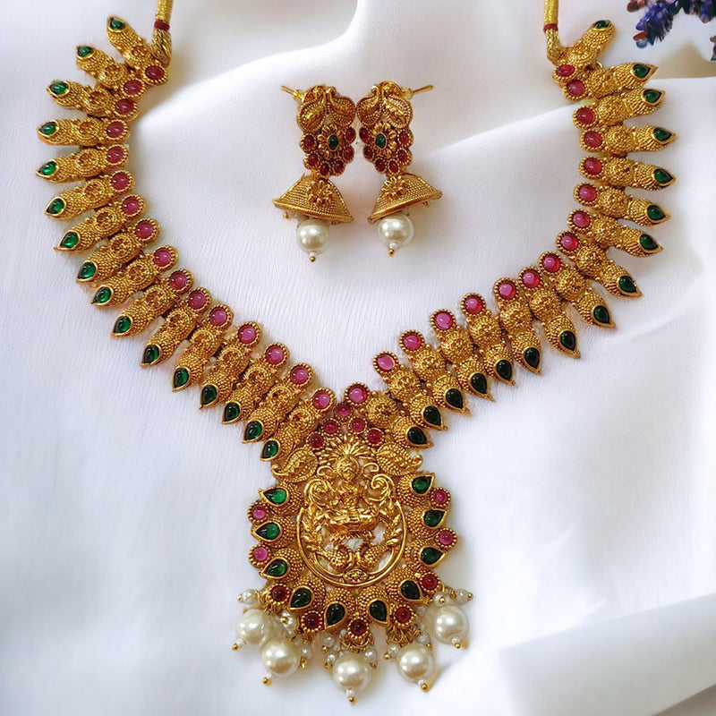 Lalso Designer Premium Gold Plated Kempu Green LaxmiDevi Temple Style Necklace Jewelry Set for Wedding Festival