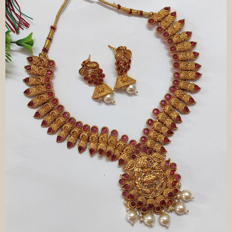 Lalso Designer Premium Gold Plated Kempu Green LaxmiDevi Temple Style Necklace Jewelry Set for Wedding Festival