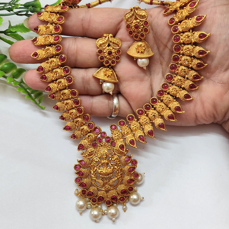 Lalso Designer Premium Gold Plated Kempu Green LaxmiDevi Temple Style Necklace Jewelry Set for Wedding Festival