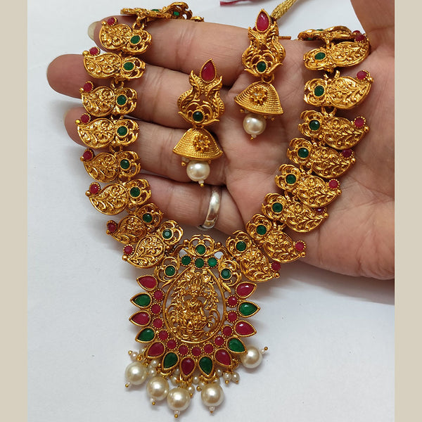 Lalso Premium Gold Plated Maroon Green Laxmidevi Temple Style Necklace Jewelry Set for Wedding Festival