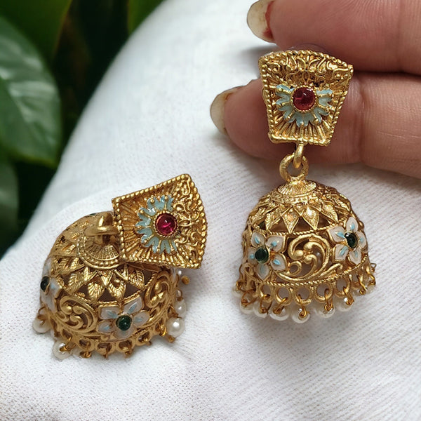 Lalso Lifestyle Matte Gold Plated Meenakari Jhumka Earring