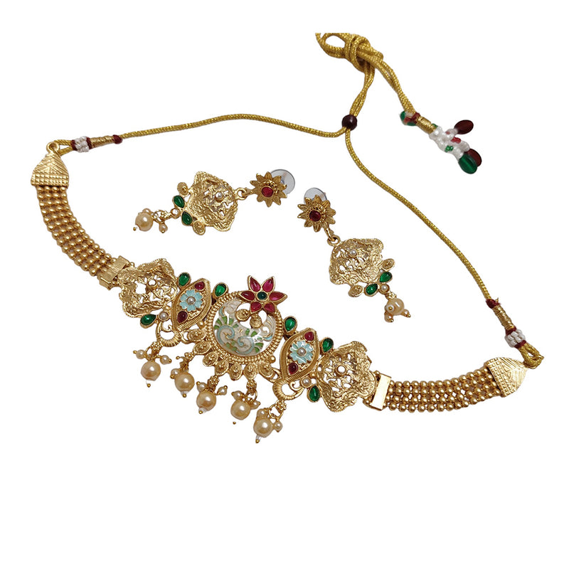 Lalso Lifestyle Lalso Matte Gold Plated Rajwadi Meenakari Choker Necklace Set