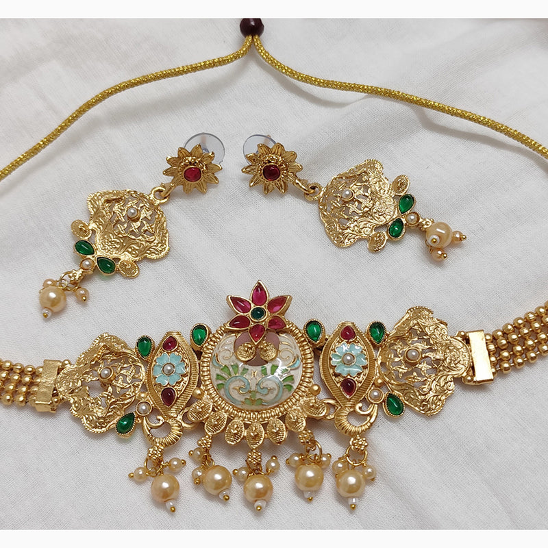 Lalso Lifestyle Lalso Matte Gold Plated Rajwadi Meenakari Choker Necklace Set