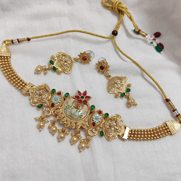 Lalso Lifestyle Lalso Matte Gold Plated Rajwadi Meenakari Choker Necklace Set