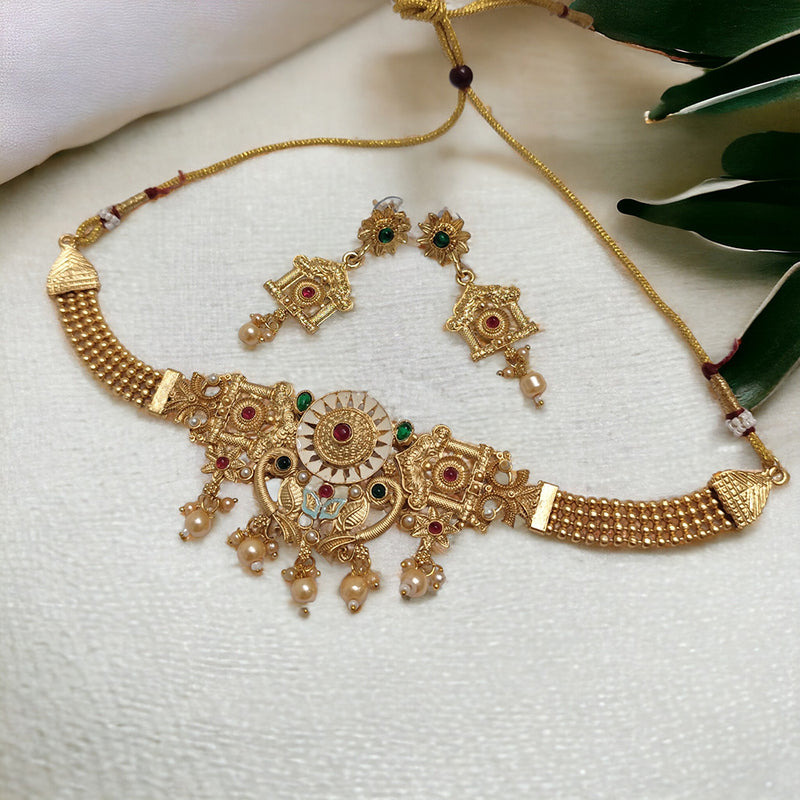 Lalso Lifestyle Matte Gold Plated Rajwadi Meenakari Choker Necklace Set