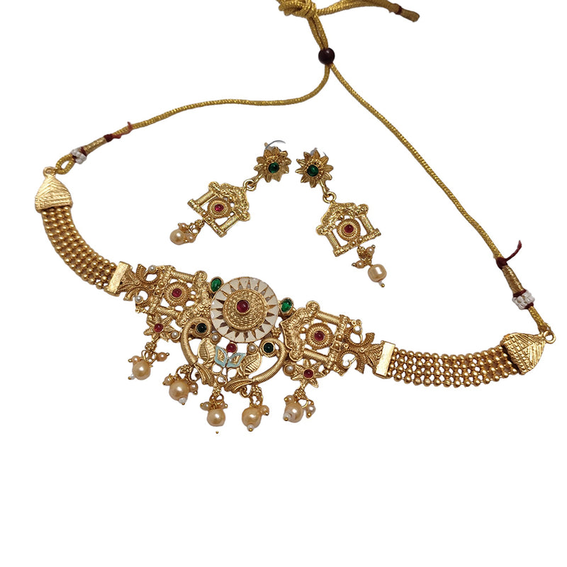 Lalso Lifestyle Matte Gold Plated Rajwadi Meenakari Choker Necklace Set