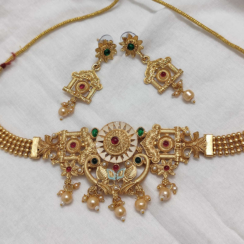 Lalso Lifestyle Matte Gold Plated Rajwadi Meenakari Choker Necklace Set